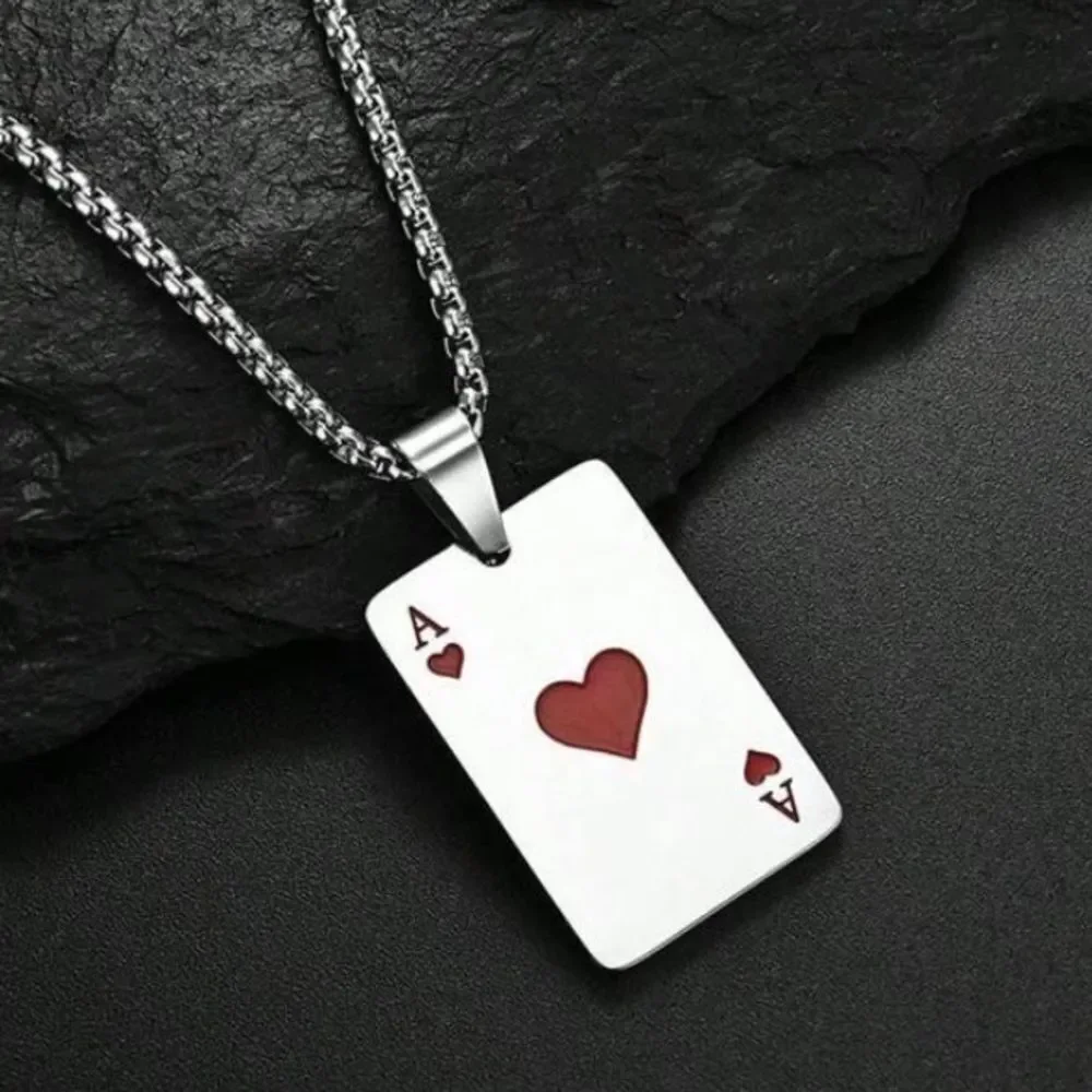 3for$20 1pc Men's Poker Card Charm Necklace, Heart Couple Pendant Necklace